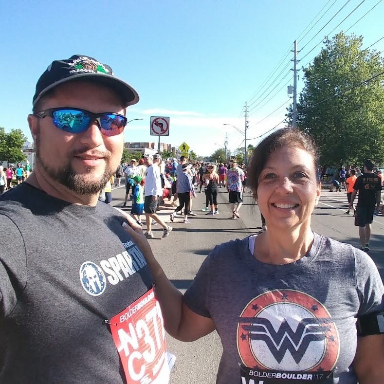 Donna and Gerald at the starting line of the Bolder Boulder 10k Race