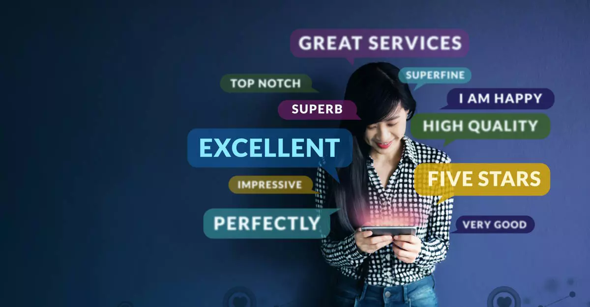 Customer Experience Concept. Soft focus of Happy Client standing at the Wall, Smiling while using Smartphone. Surrounded by Positive Review in Speech Bubble and Social Network icons